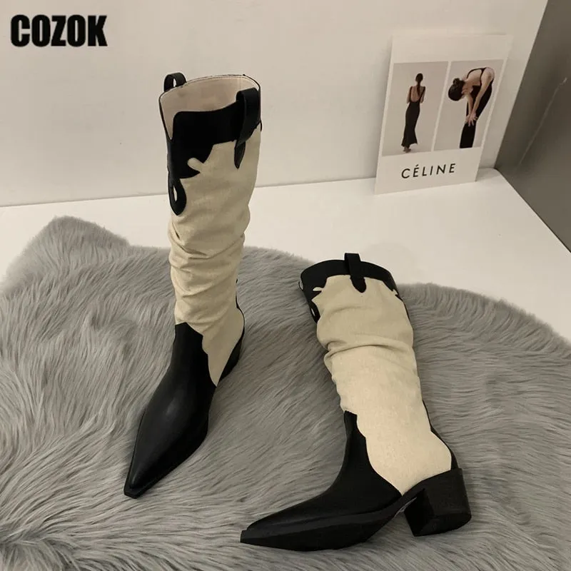 2023 New Western Cowboy Boots Ladies Vintage Pointed Toe Denim Winter Women Knee High Boots Long Slip On Pleated Shoes Female