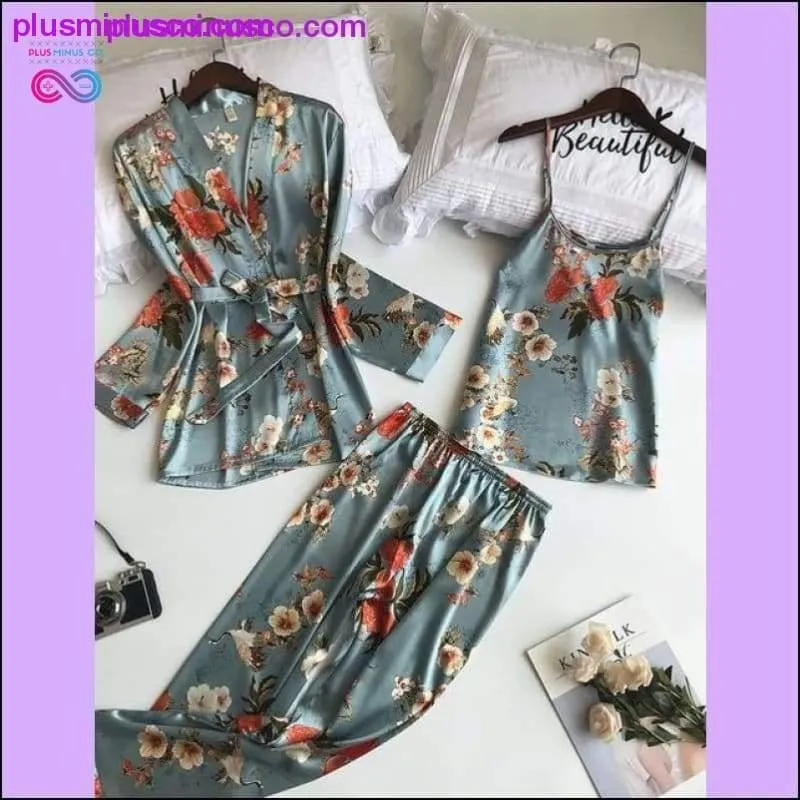 3 Pcs Printing Women Robe Sets Spaghetti Strap+Cardigan+Pant