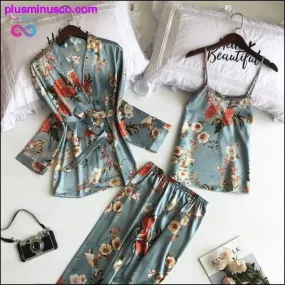 3 Pcs Printing Women Robe Sets Spaghetti Strap+Cardigan+Pant