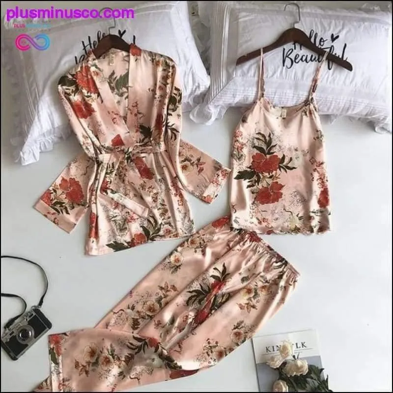 3 Pcs Printing Women Robe Sets Spaghetti Strap+Cardigan+Pant