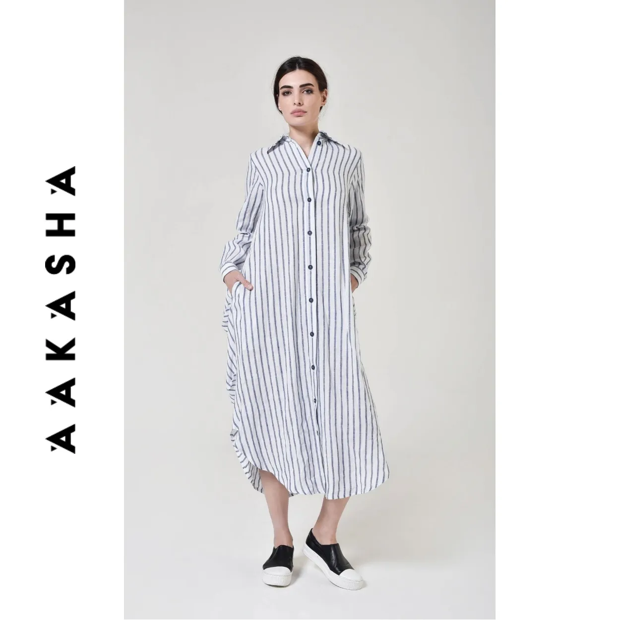 Aakasha  |Stripes Casual Style Linen Long Sleeves Long Handmade