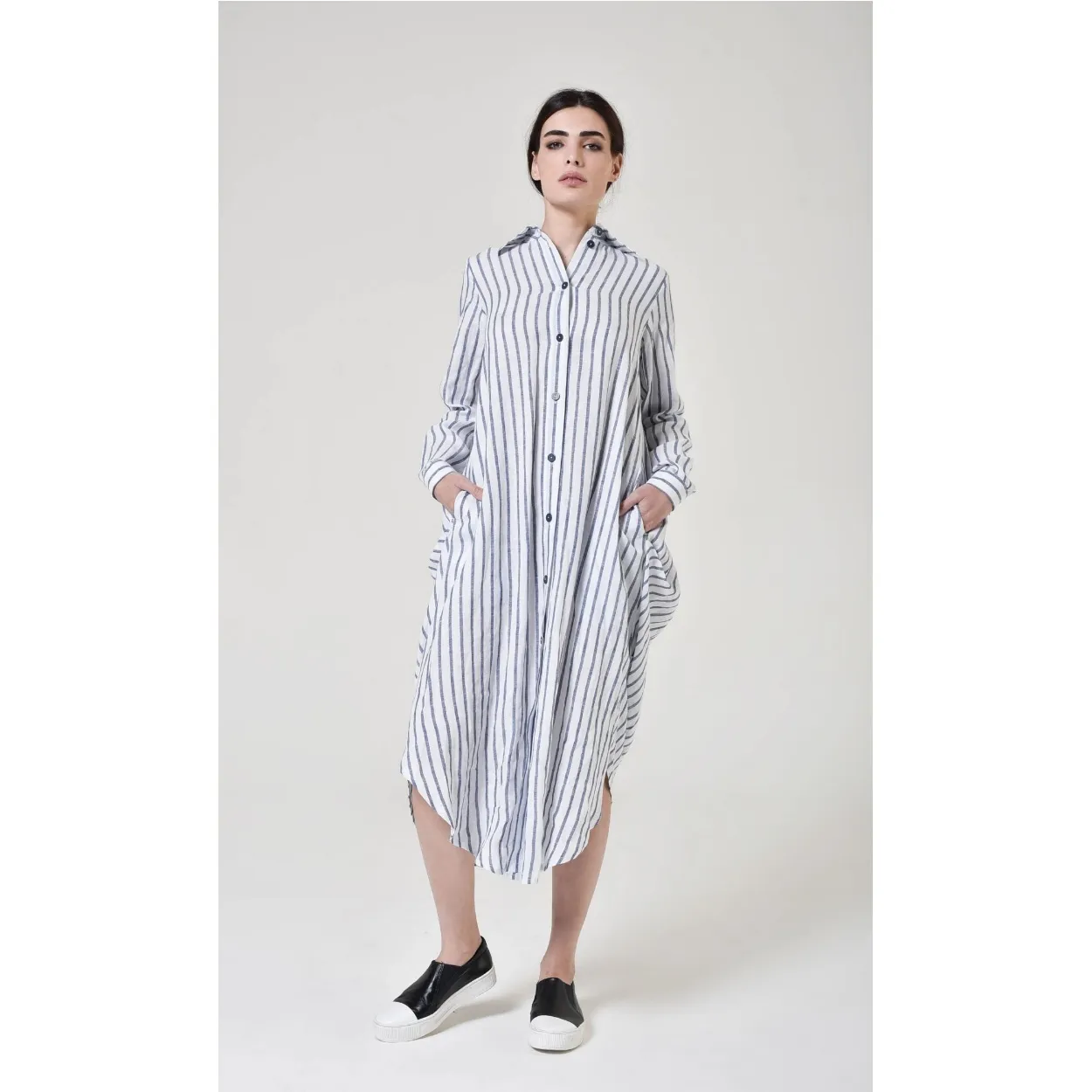 Aakasha  |Stripes Casual Style Linen Long Sleeves Long Handmade