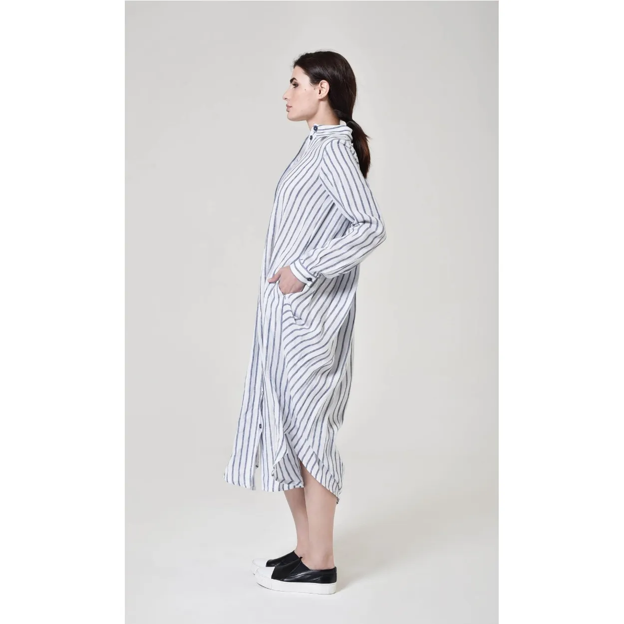 Aakasha  |Stripes Casual Style Linen Long Sleeves Long Handmade