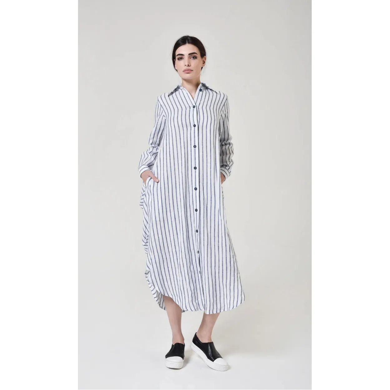 Aakasha  |Stripes Casual Style Linen Long Sleeves Long Handmade