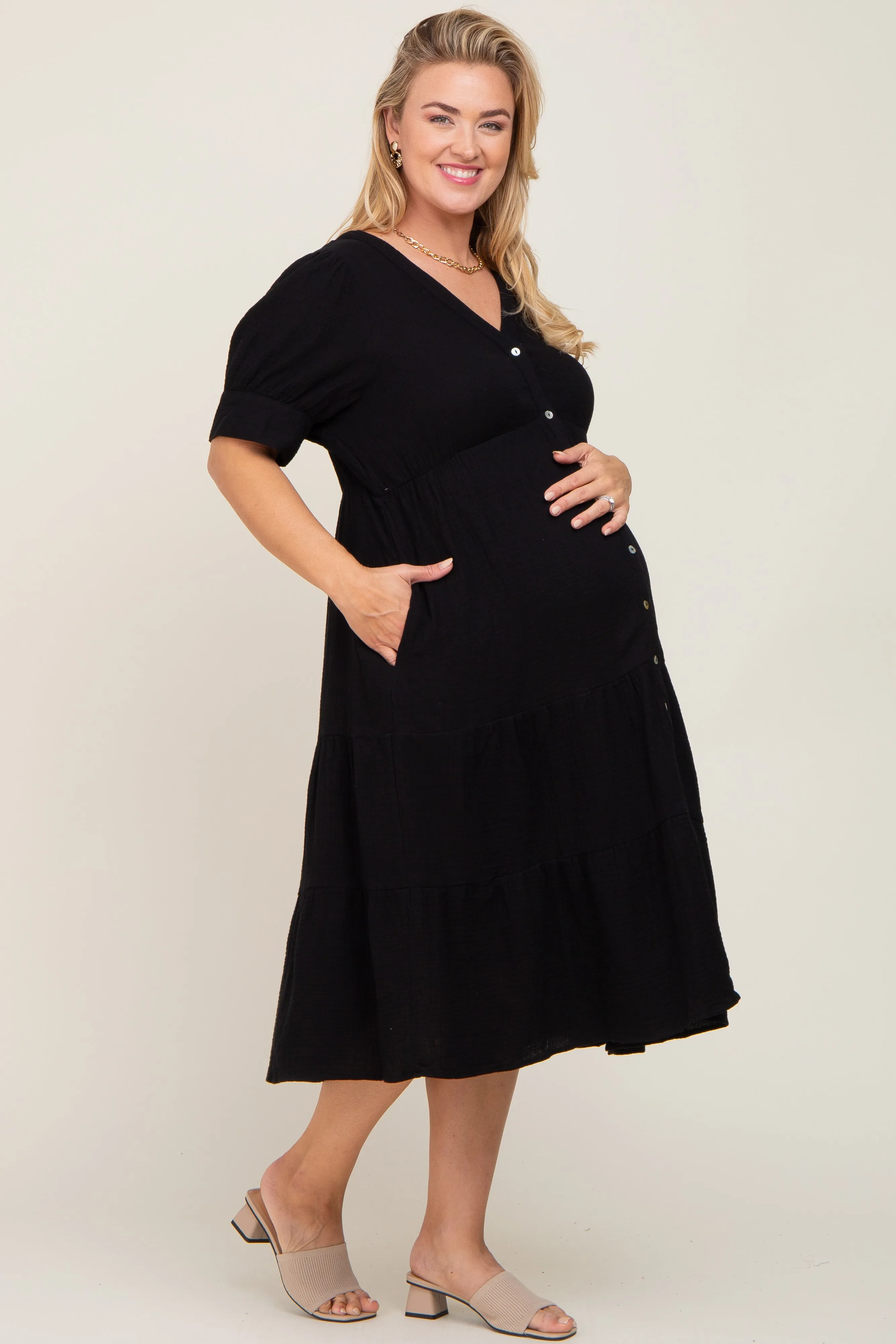 Black Button Down Short Sleeve Plus Maternity Dress