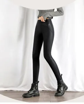 Black Fleece Matte Leather Leggings Women Slim Skinny Warm