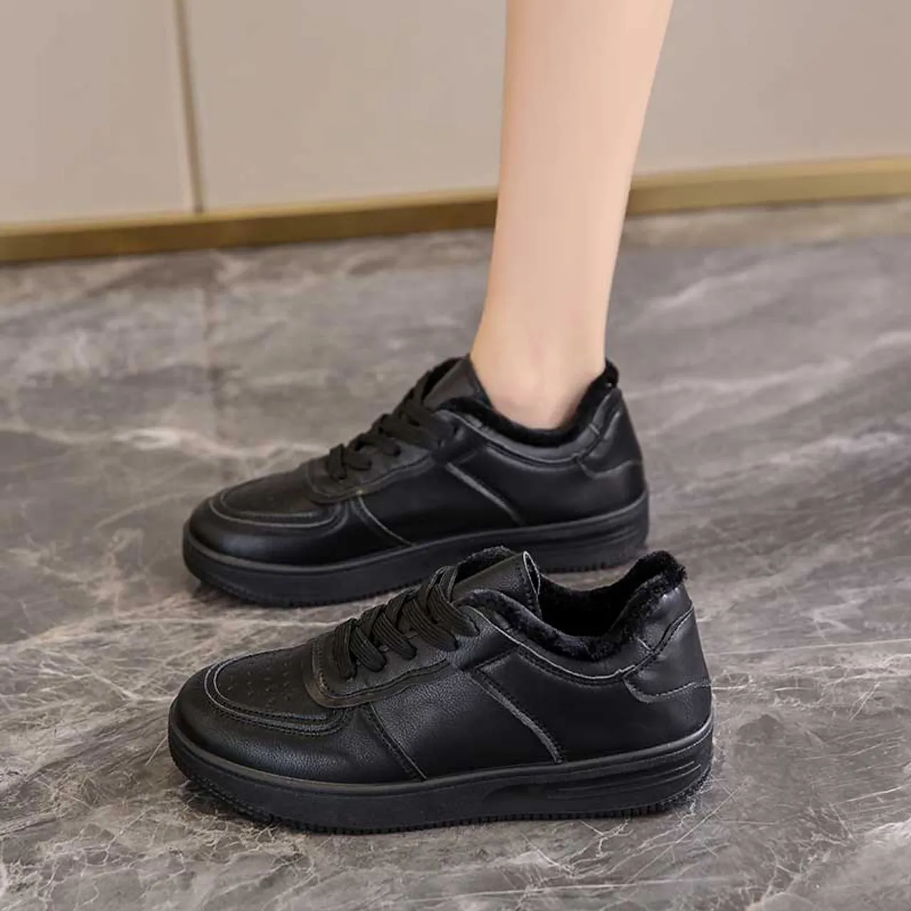 Black simple plain winter lace up shoe sneaker