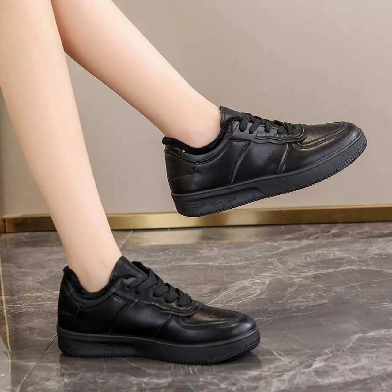 Black simple plain winter lace up shoe sneaker