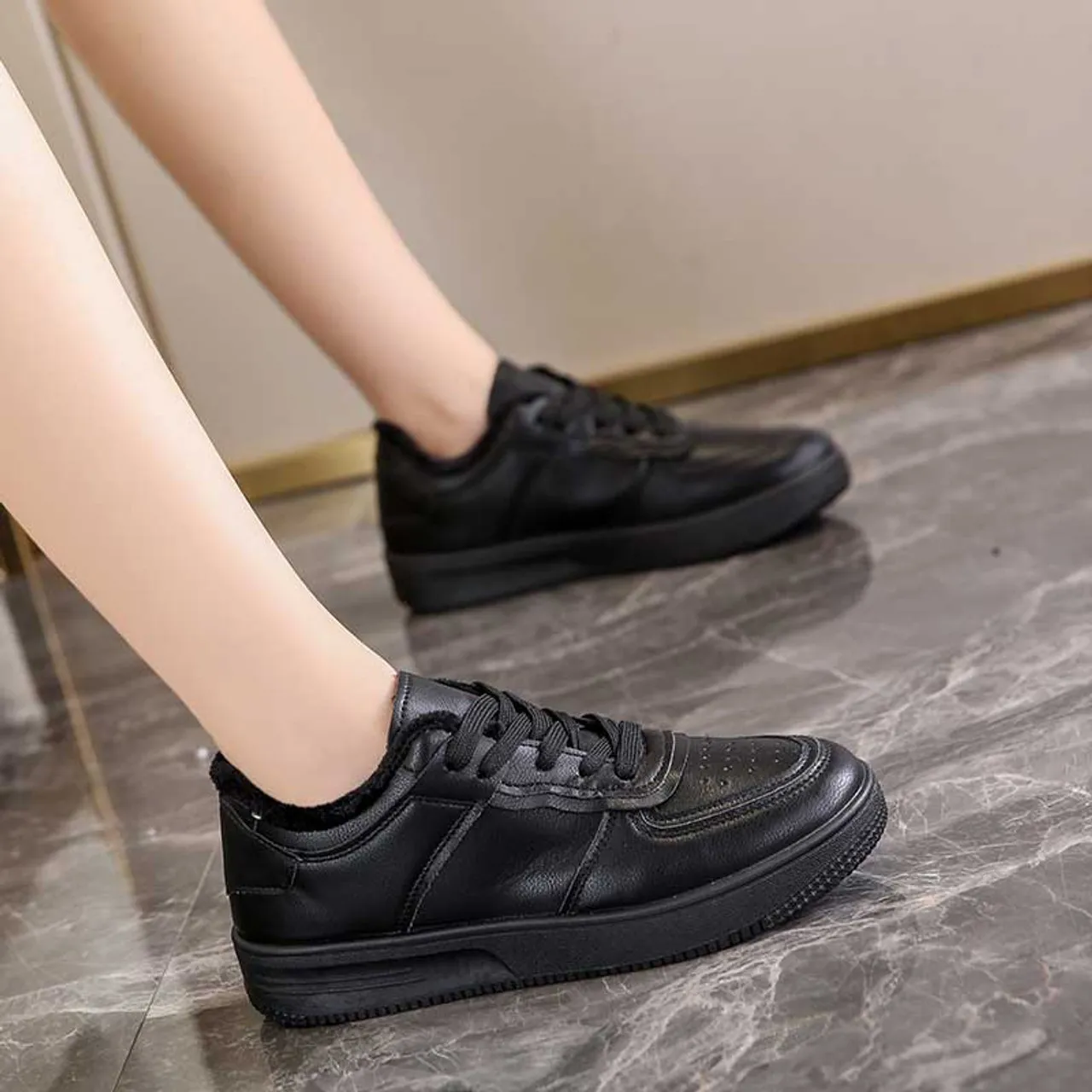 Black simple plain winter lace up shoe sneaker