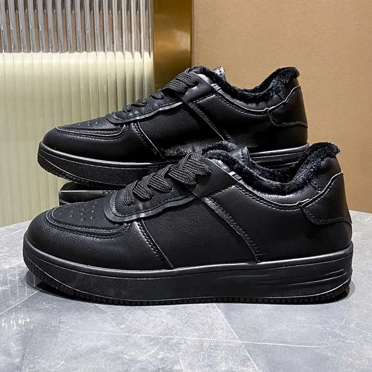 Black simple plain winter lace up shoe sneaker