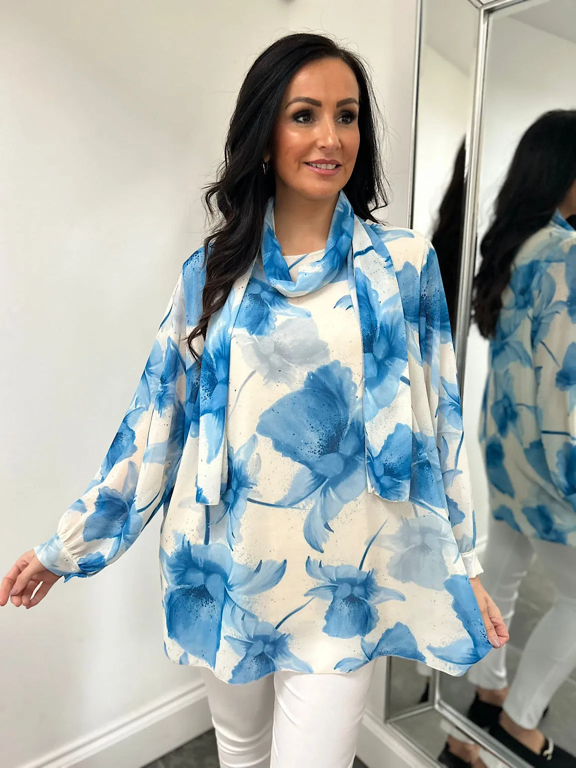 Blue Floral Long Line Scarf Blouse Tia