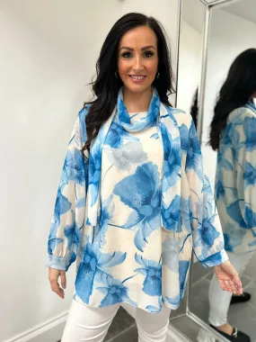 Blue Floral Long Line Scarf Blouse Tia