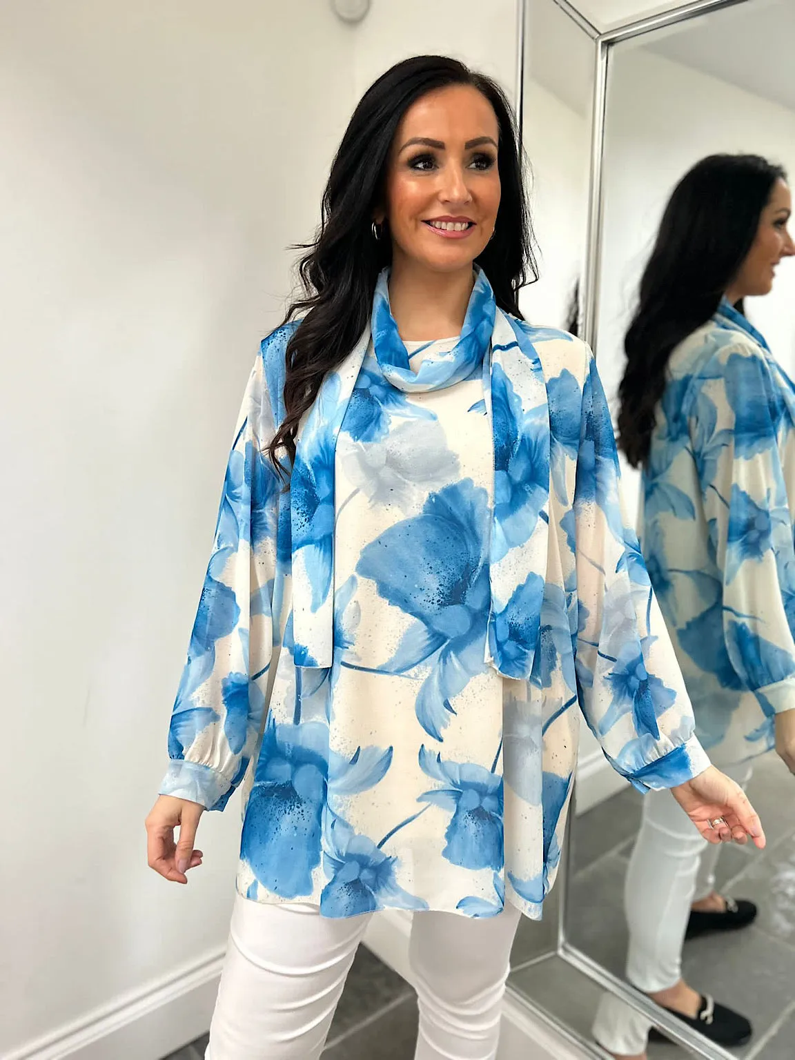 Blue Floral Long Line Scarf Blouse Tia