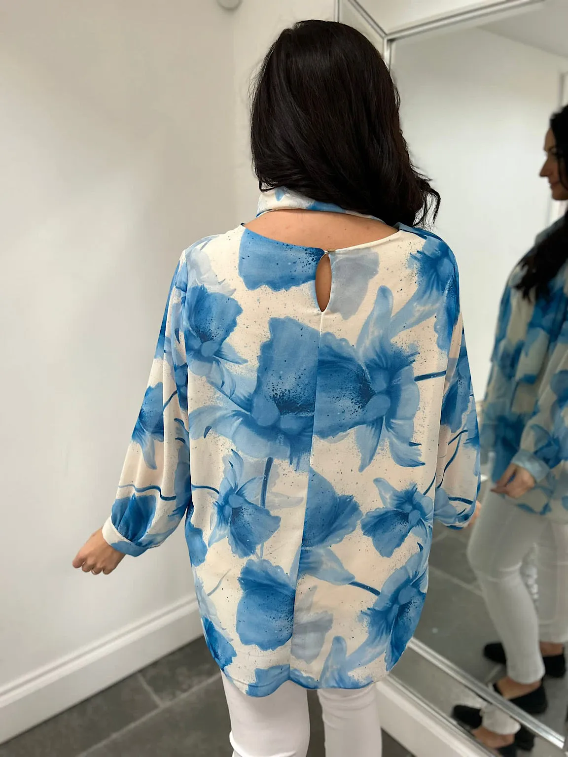 Blue Floral Long Line Scarf Blouse Tia