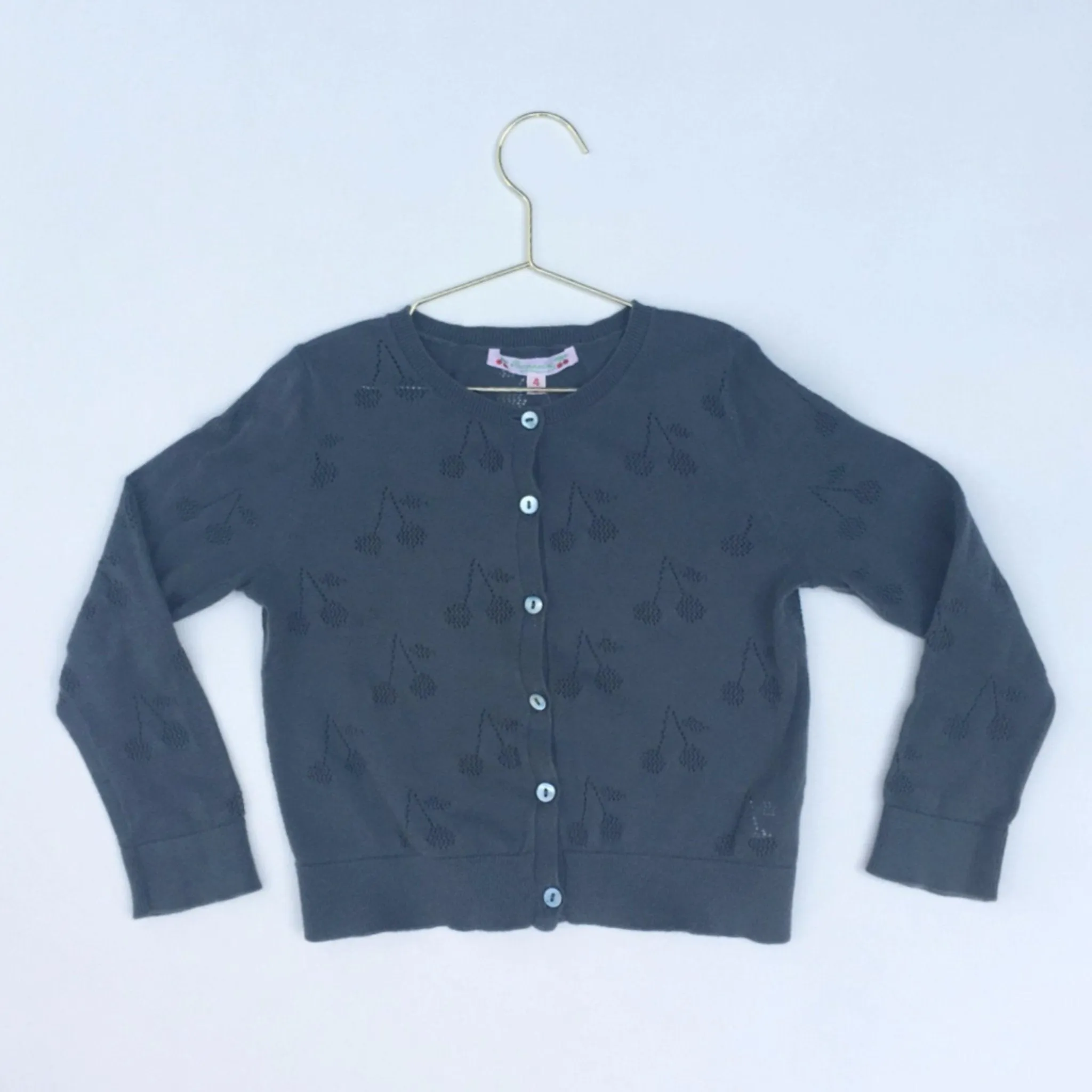 Bonpoint Teal Cherry Print Cotton Cardigan