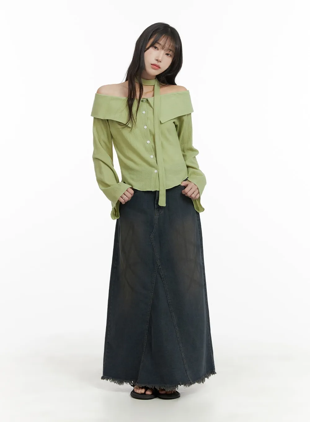 Buttoned Off-Shoulder Top with Scarf CA403