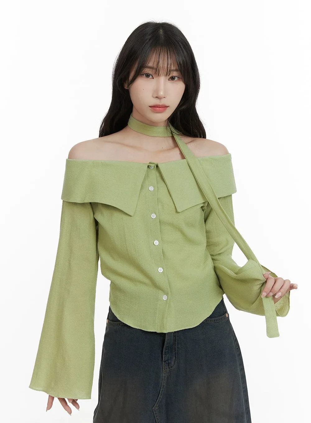 Buttoned Off-Shoulder Top with Scarf CA403