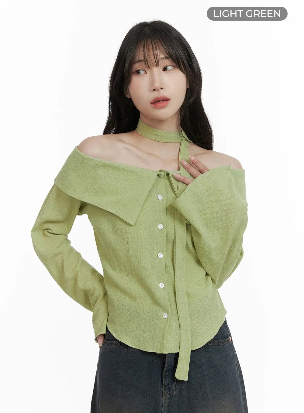 Buttoned Off-Shoulder Top with Scarf CA403