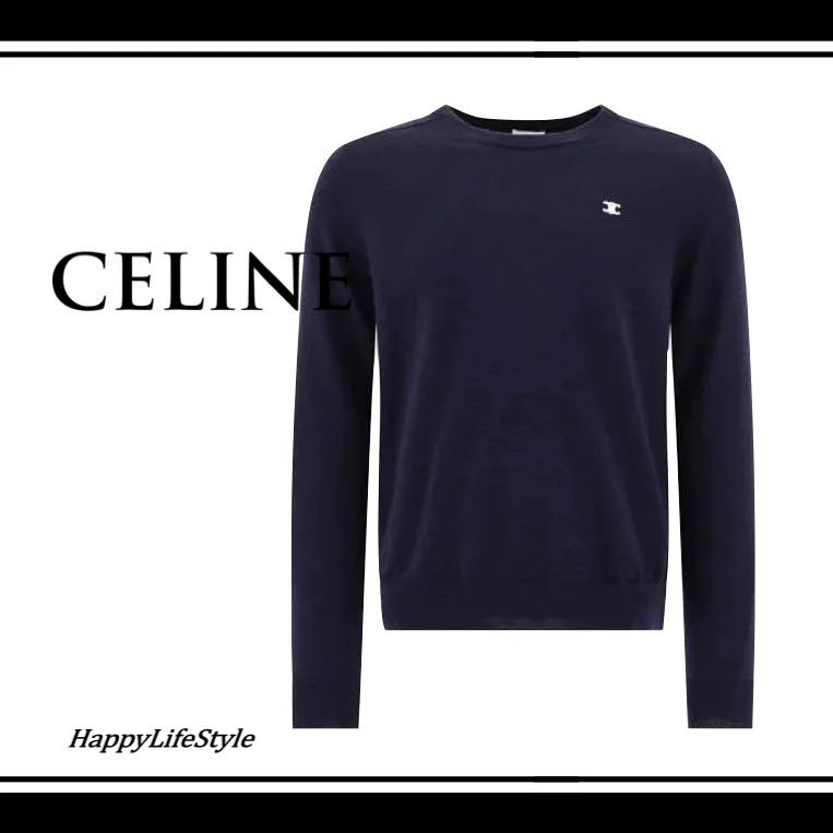 CELINE  |Crew Neck Pullovers Wool Bi-color Long Sleeves Plain Logo