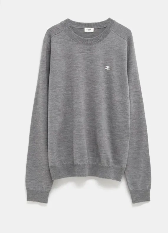 CELINE  |Crew Neck Pullovers Wool Bi-color Long Sleeves Plain Logo