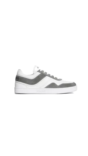 Celine Trainer Low Lace-up Sneaker In Suede Calfskin And Calfskin - Grey/optic White