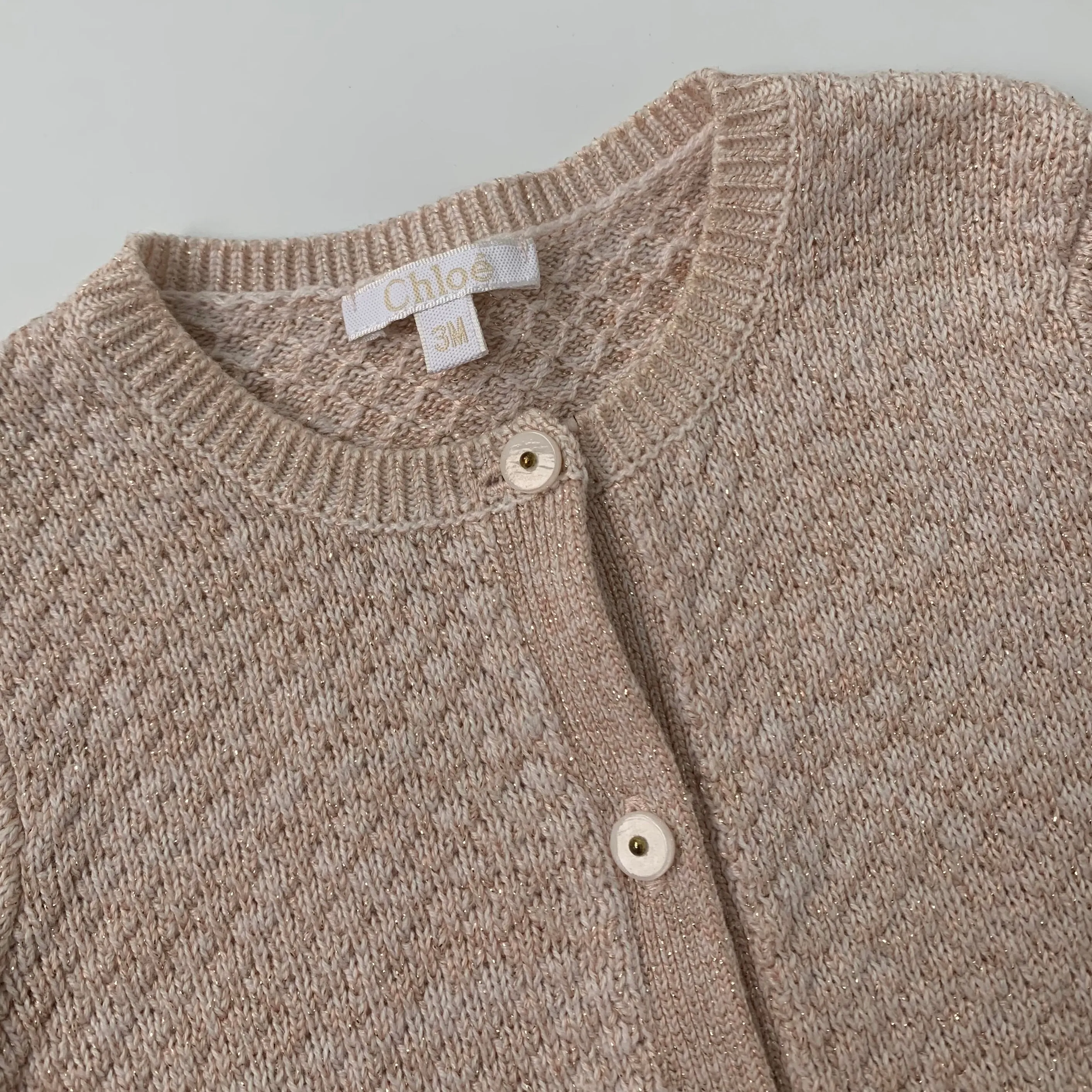 Chloé Blush Pink Metallic Cotton Mix Cardigan: 3 Months