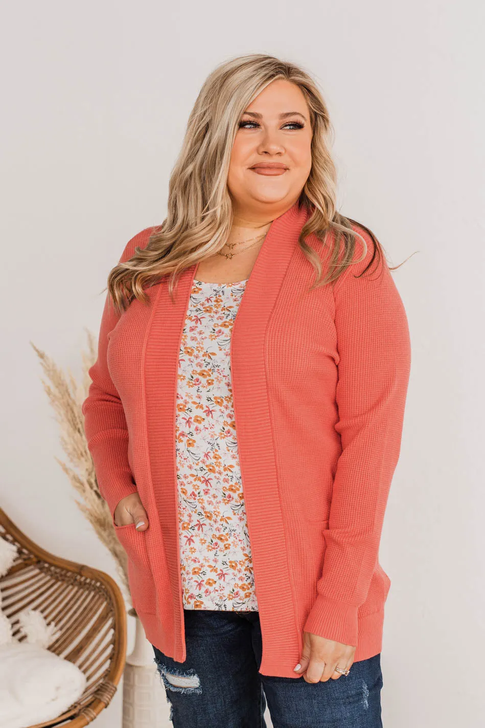 Cloud Nine Waffle Knit Cardigan- Coral