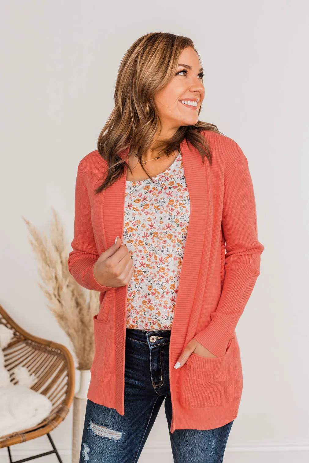 Cloud Nine Waffle Knit Cardigan- Coral