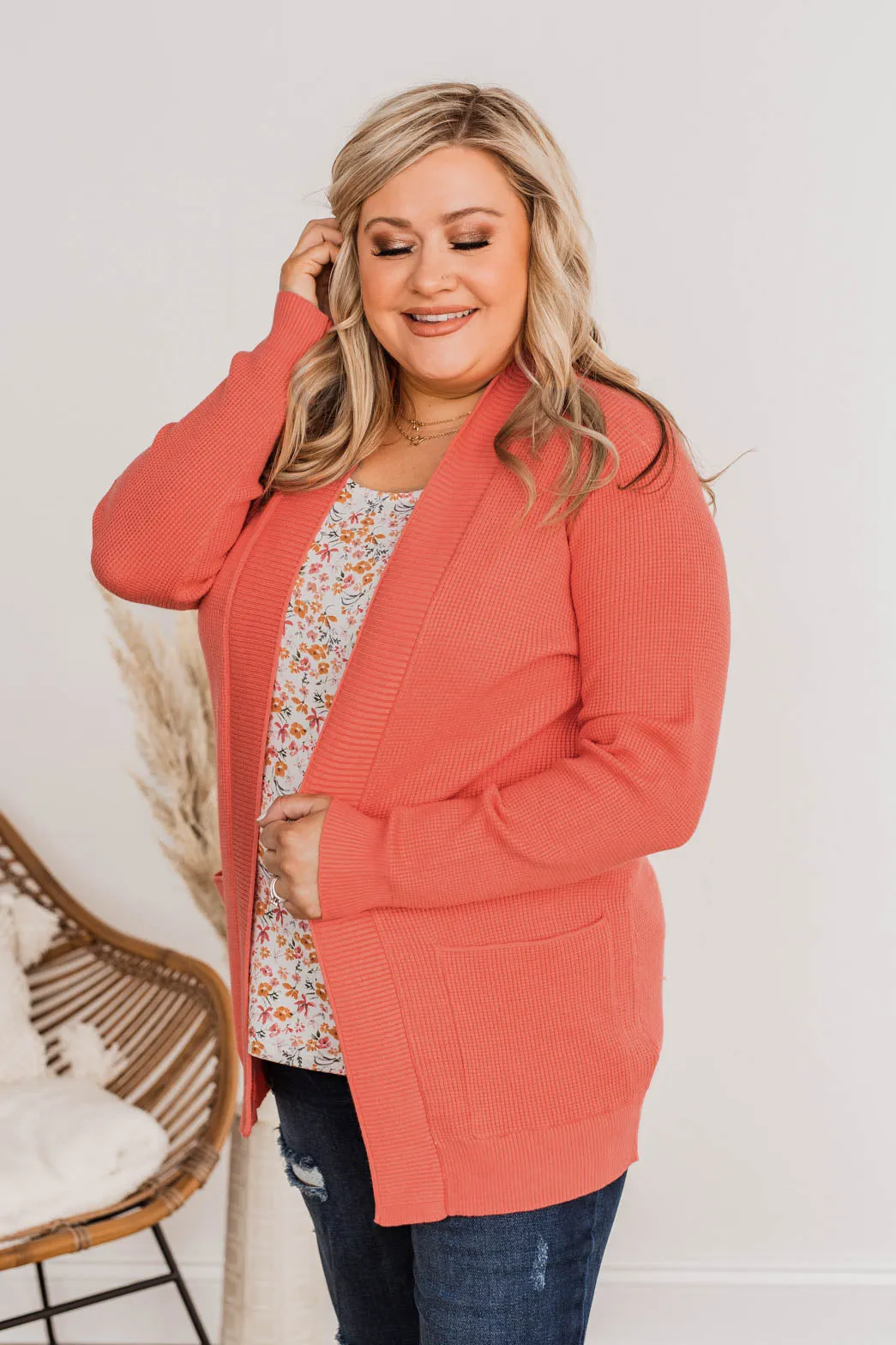 Cloud Nine Waffle Knit Cardigan- Coral