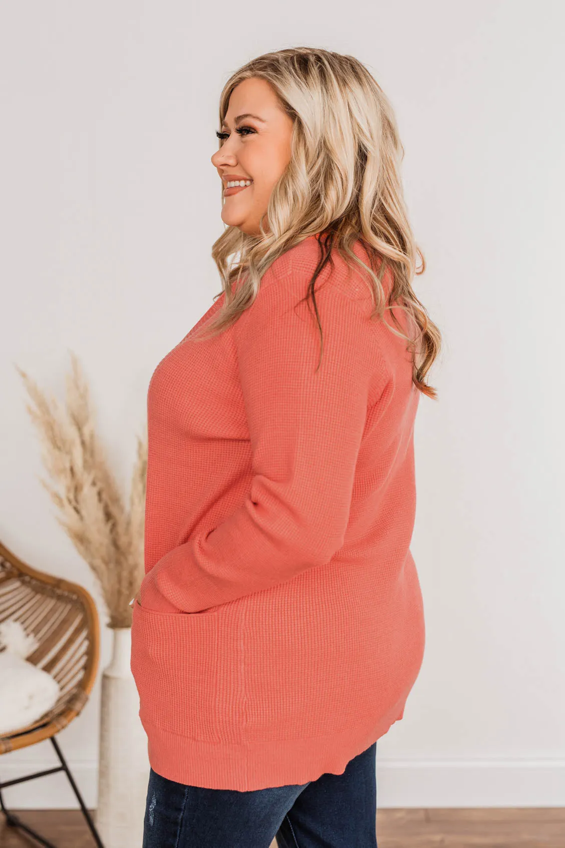 Cloud Nine Waffle Knit Cardigan- Coral