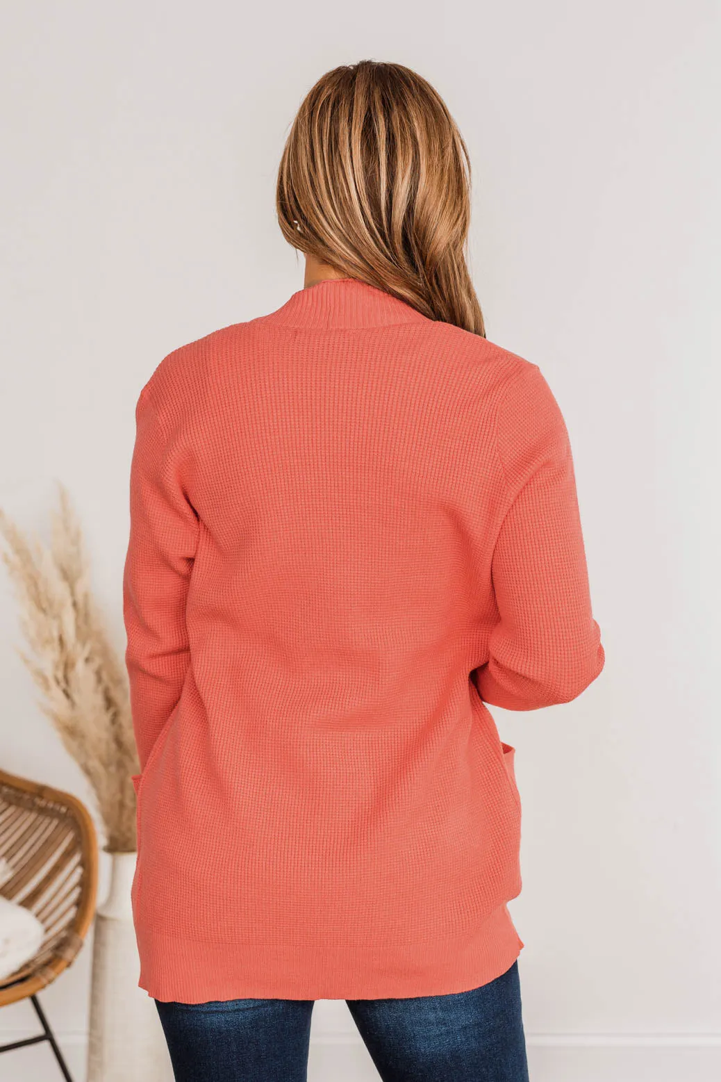 Cloud Nine Waffle Knit Cardigan- Coral