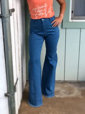 Cotton Blue Pinstripe Bell Trousers