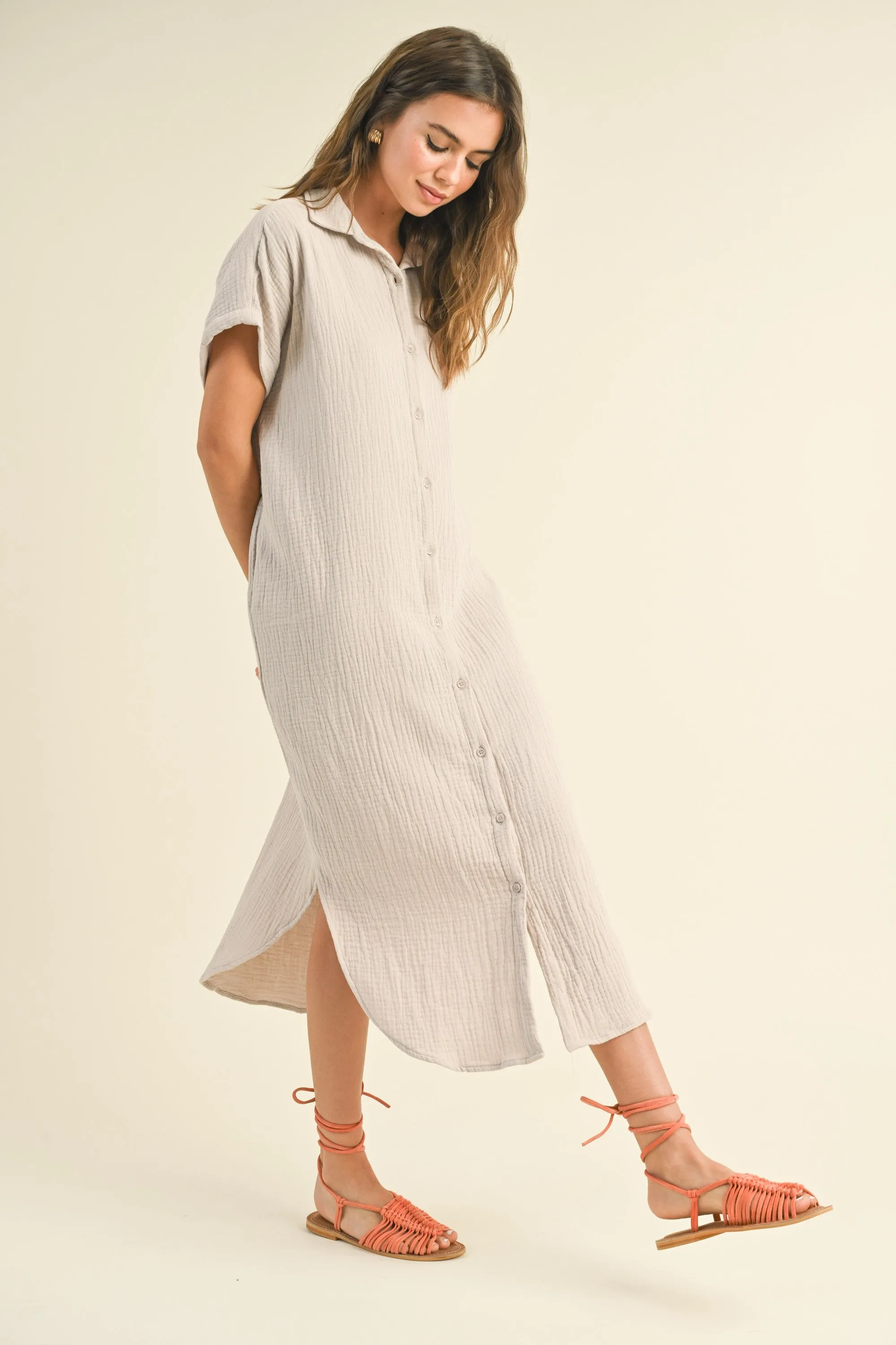 Cream Double Gauze Button Down Maxi Shirt Dress