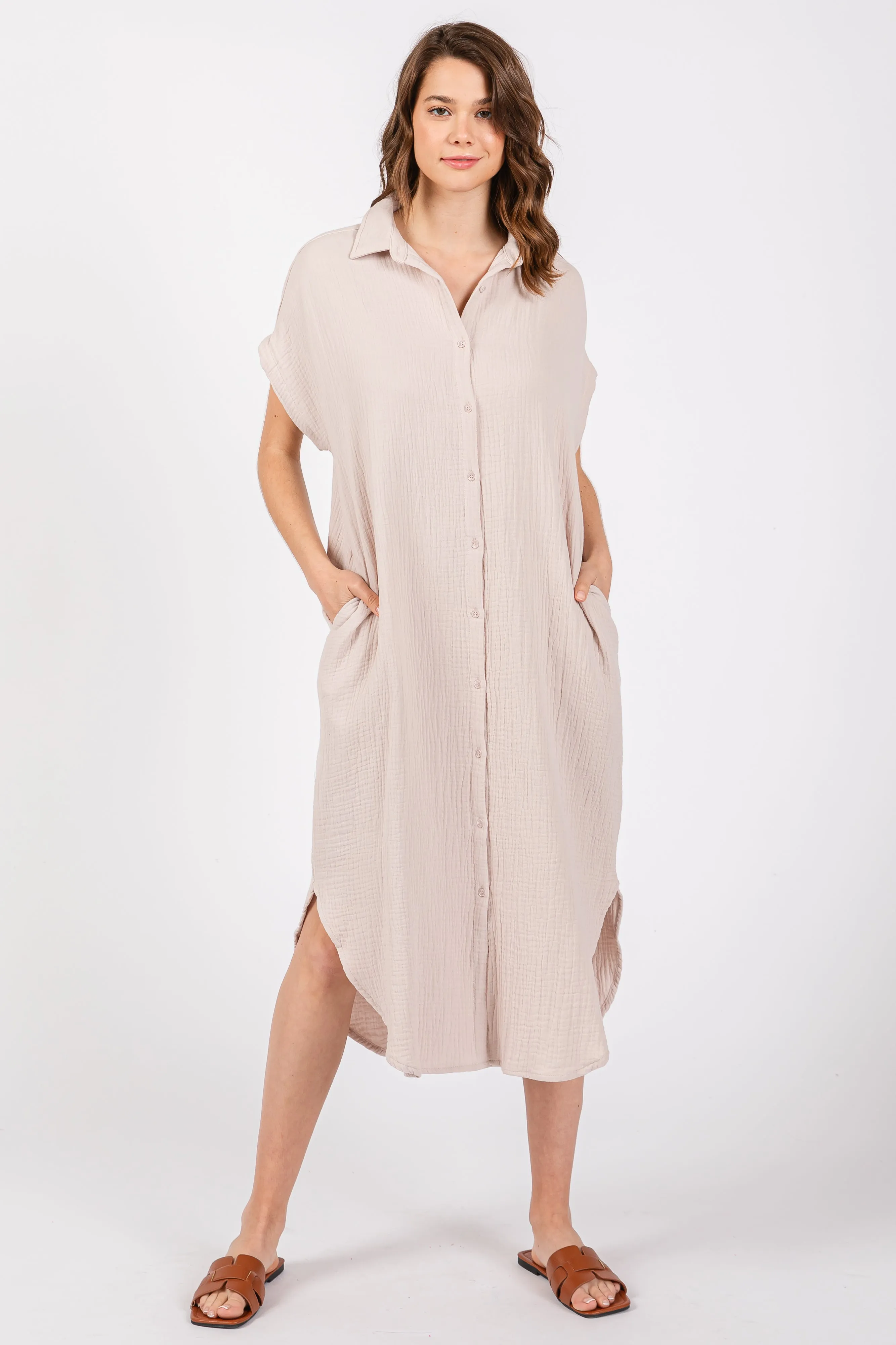 Cream Double Gauze Button Down Maxi Shirt Dress