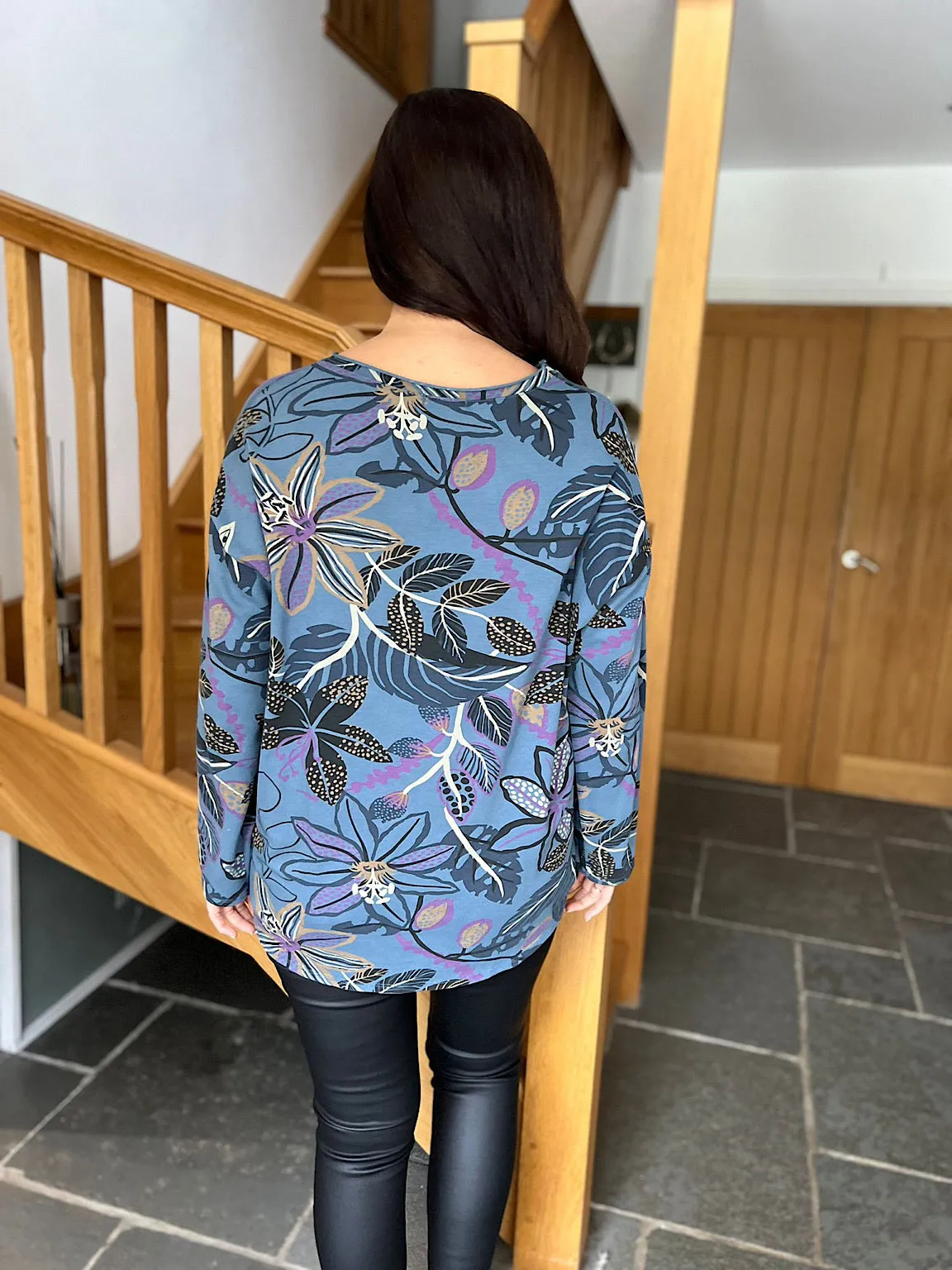 Denim Drawstring Leaf Pattern Sweat Top Scarlett