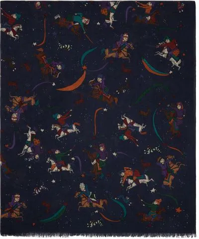 Drake's Navy Mughal and Stars Print Wool Scarf