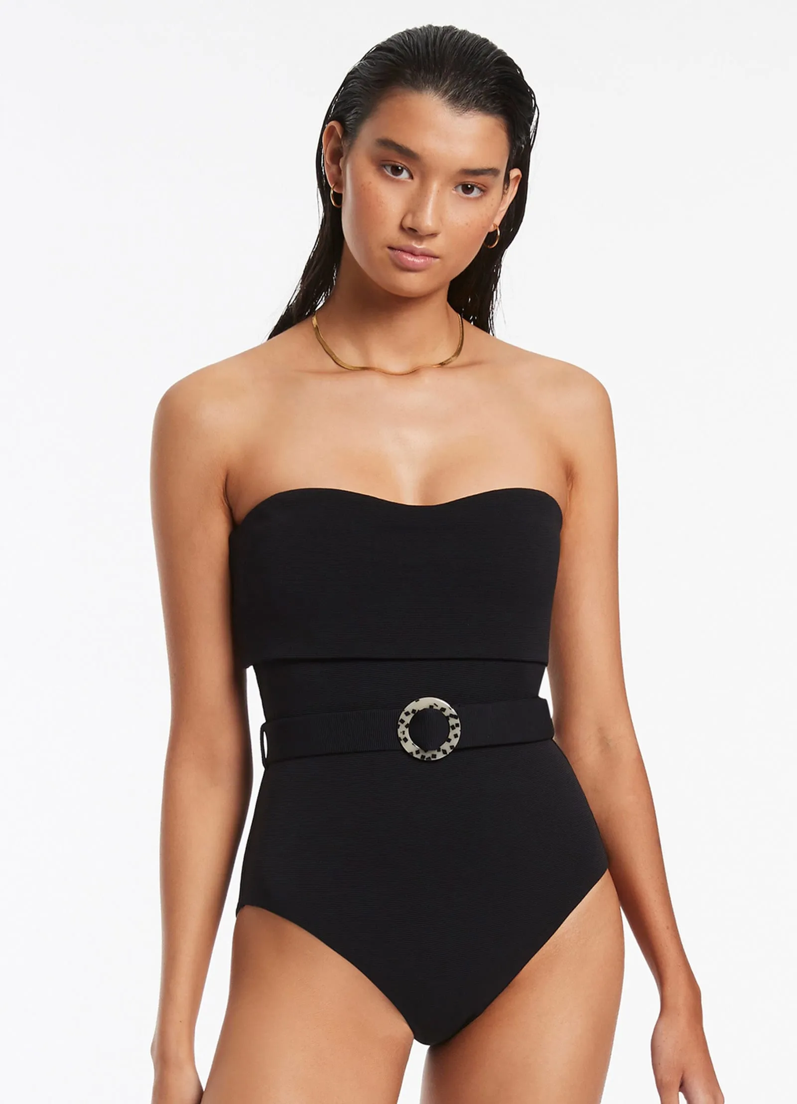 Isla Rib Fold Down Bandeau One Piece - Black