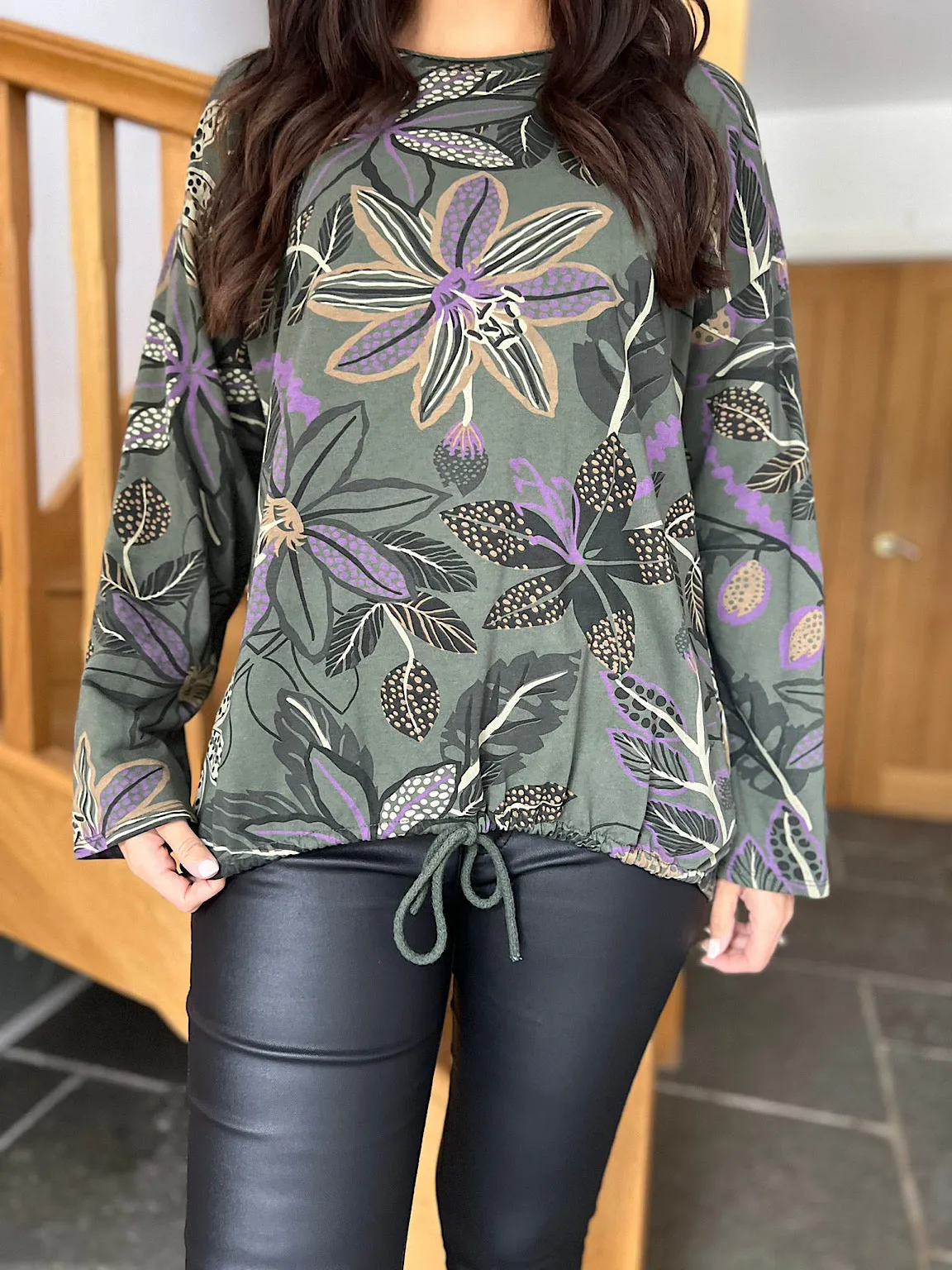 Khaki Drawstring Leaf Pattern Sweat Top Scarlett