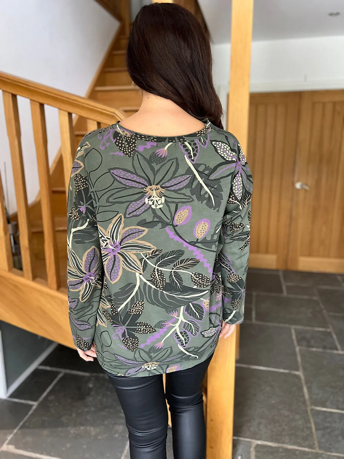 Khaki Drawstring Leaf Pattern Sweat Top Scarlett