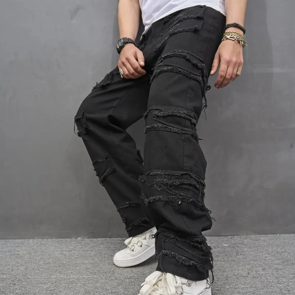 Loose Straight Jeans Pants Stylish Ripped Patch