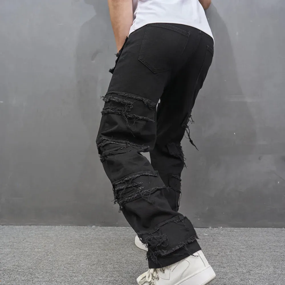 Loose Straight Jeans Pants Stylish Ripped Patch