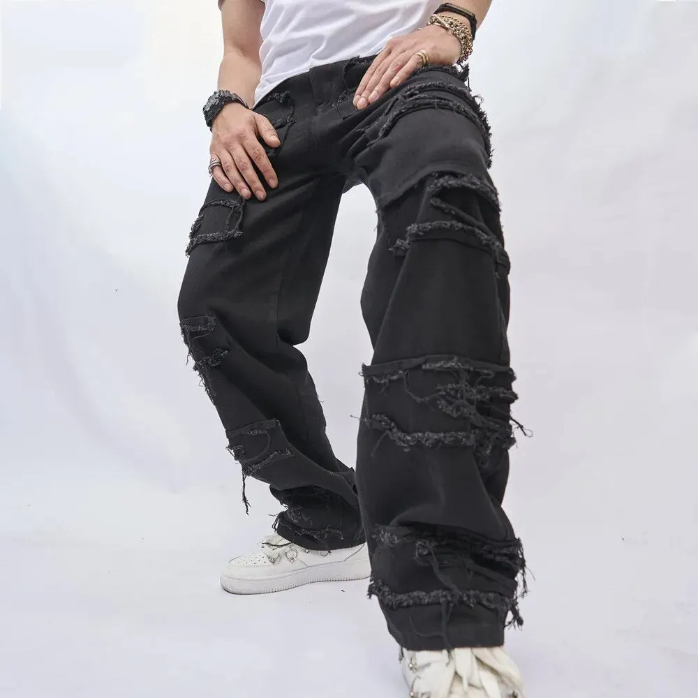 Loose Straight Jeans Pants Stylish Ripped Patch