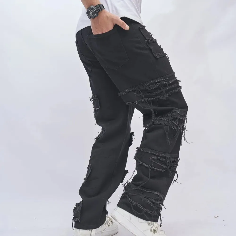 Loose Straight Jeans Pants Stylish Ripped Patch