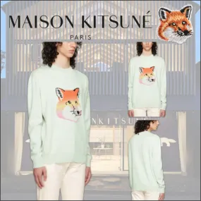 MAISON KITSUNE  |Crew Neck Pullovers Unisex Long Sleeves Plain Cotton