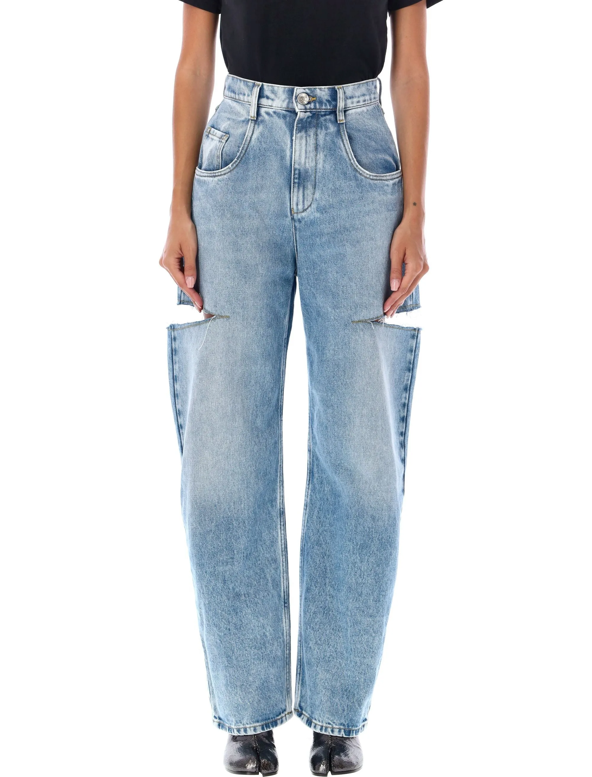 MAISON MARGIELA High-Rise Wide Leg Denim Trousers with Cut-Out Details