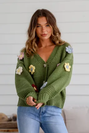 Mayfair Flower Knit Cardigan - Khaki