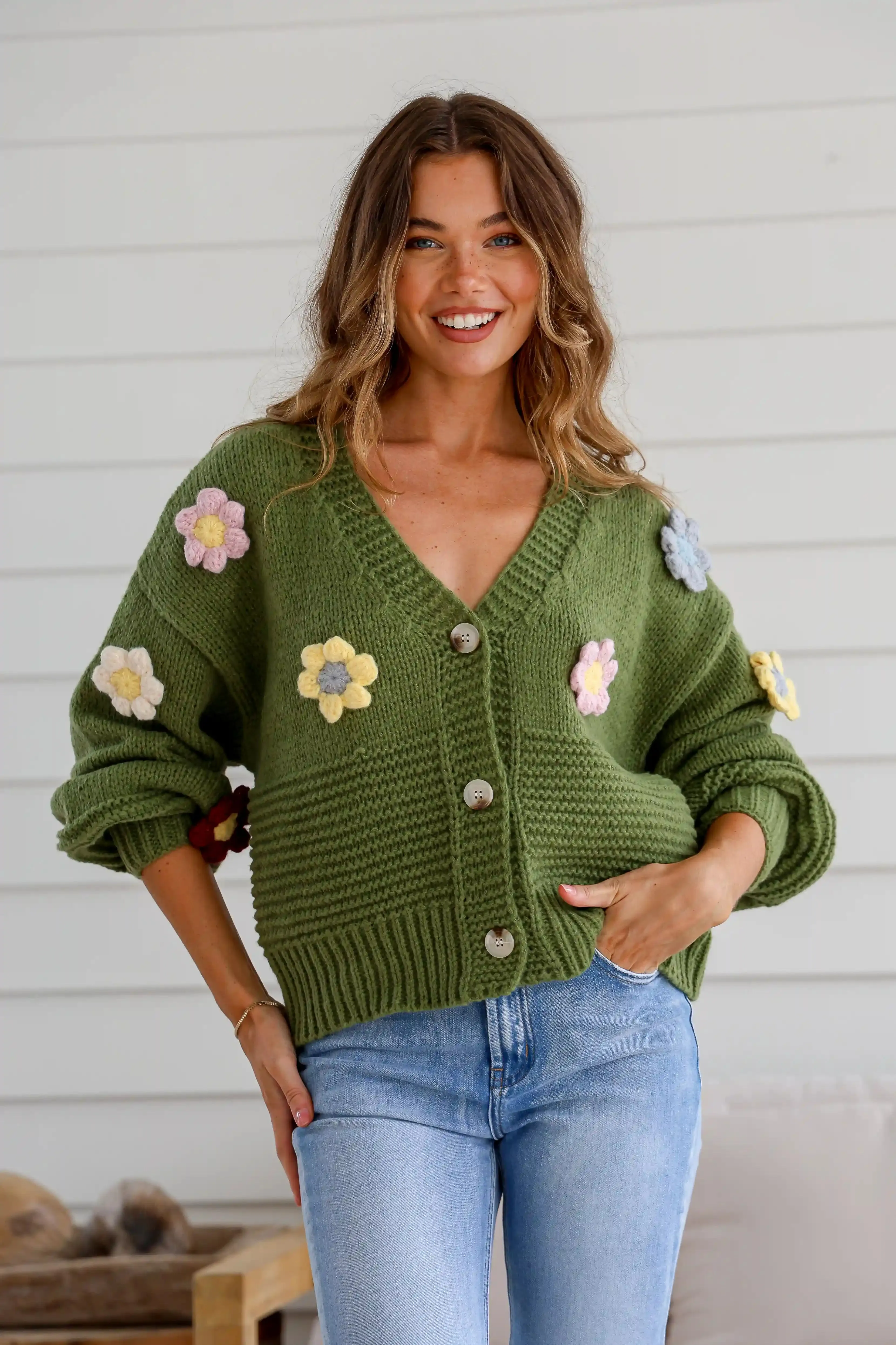 Mayfair Flower Knit Cardigan - Khaki