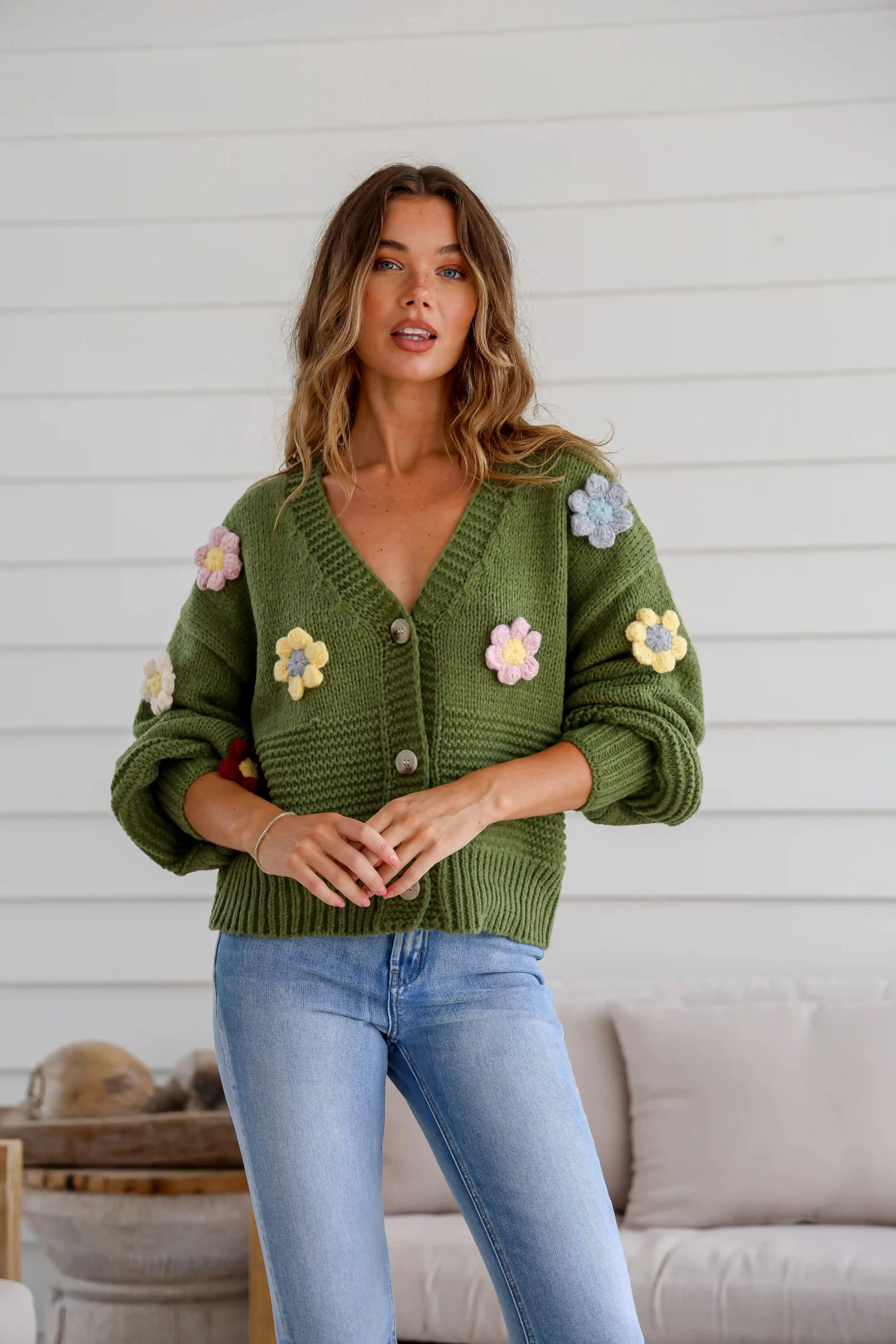 Mayfair Flower Knit Cardigan - Khaki