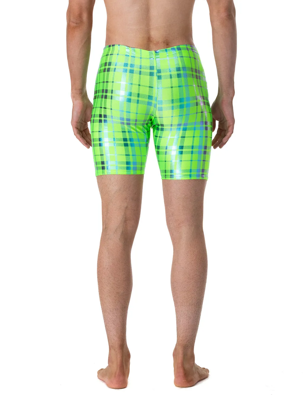 MENS BIKE SHORTS - HOLOGRAPHIC GREEN & BLUE PLAID