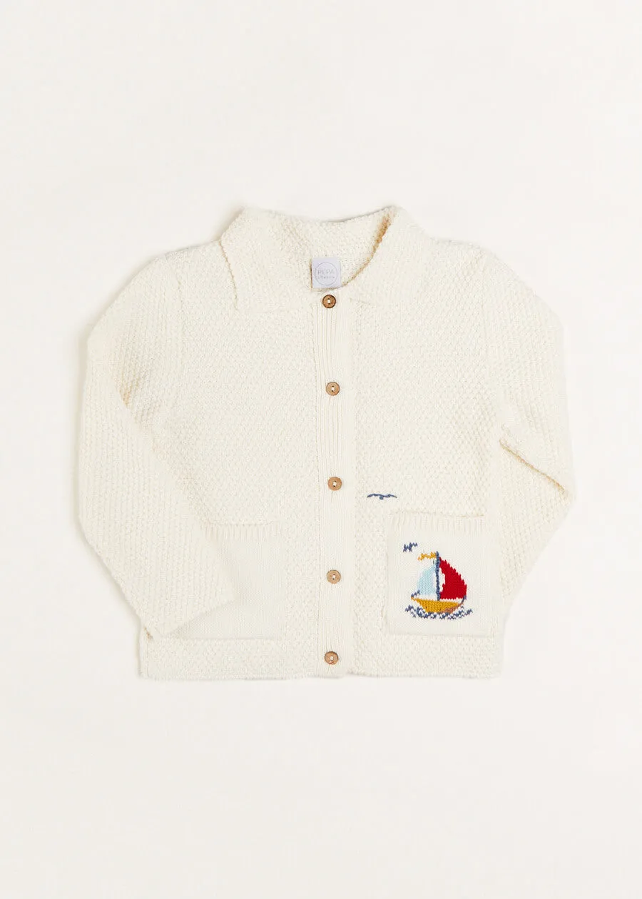 Nautical Boat Embroidery Polo Collar Cardigan in Cream (12mths-4yrs)